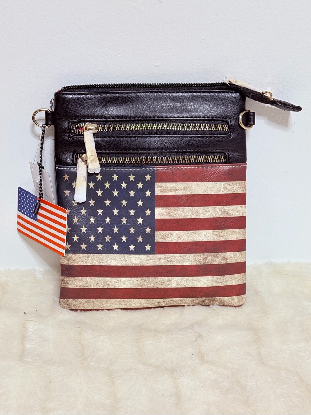 MIA K Collection Black Crossbody Bag with American Flag Panel new with tags!